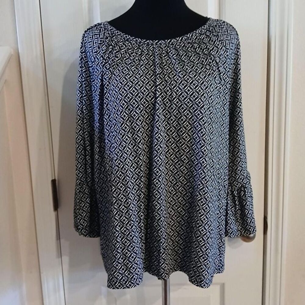 MICHAEL Michael Kors 3/4 Bell Sleeve Geometric Scoop Neck Blouse Sz L Monochrome